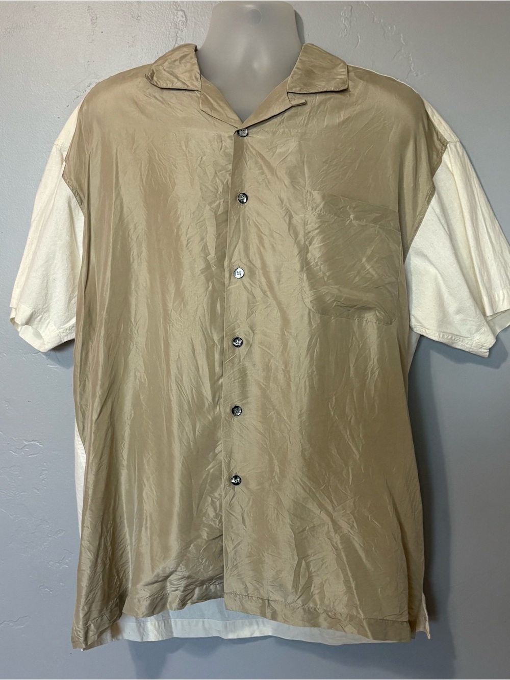 Vintage 90s Men's Exclusive Paragraff Button Shirt Sz L Silk Cotton Linen Tan
